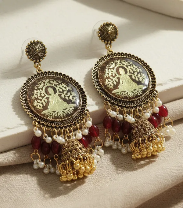 Traditional_Oxidized_Resin_Buddha_Jhumka_Earrings_With_Red_And_White_Beads