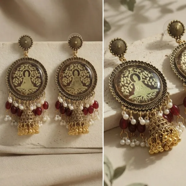 Traditional_Oxidized_Resin_Buddha_Jhumka_Earrings_With_Red_And_White_Beads