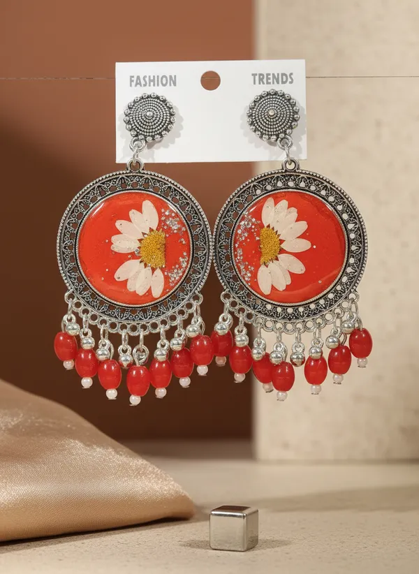 Handcrafted_Real_Pressed_Floral_Resin_Earrings_With_Red_Beads_-_Oxidized_Silver_Finish