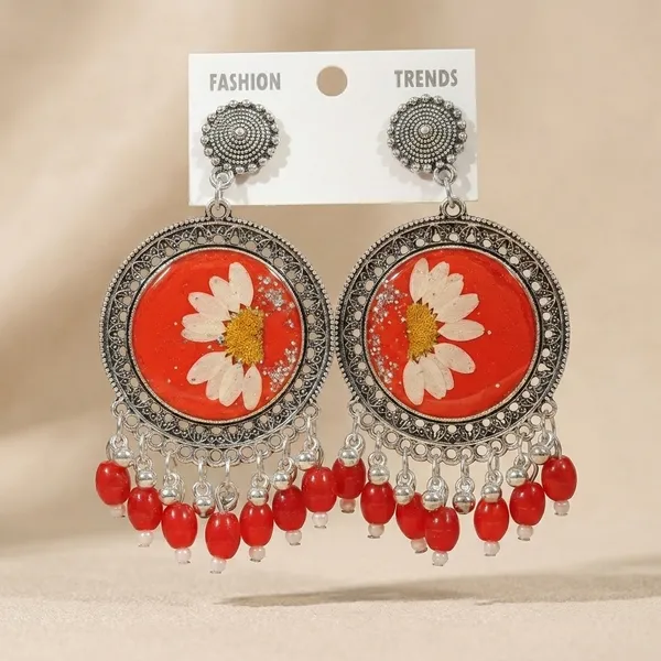 Handcrafted_Real_Pressed_Floral_Resin_Earrings_With_Red_Beads_-_Oxidized_Silver_Finish