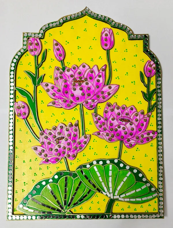 Handcrafted_Decorative_Lotus_Flower_Wall_Art_Panel_With_Yellow_Background_&_Mirror_Work