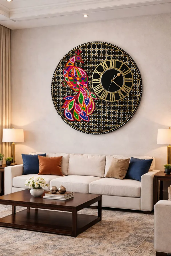 Handcrafted_Decorative_Lippan_Art_Peacock_Wall_Clock_-_Black