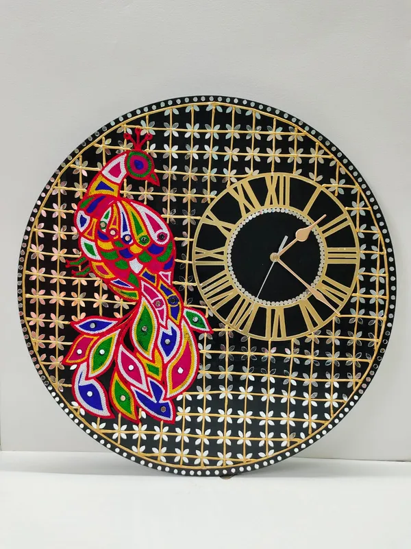 Handcrafted_Decorative_Lippan_Art_Peacock_Wall_Clock_-_Black