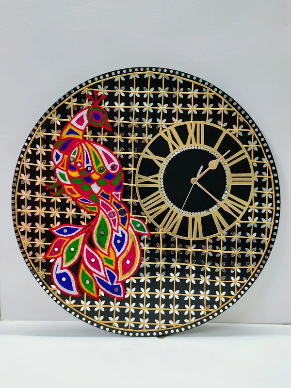 Handcrafted_Decorative_Lippan_Art_Peacock_Wall_Clock_-_Black