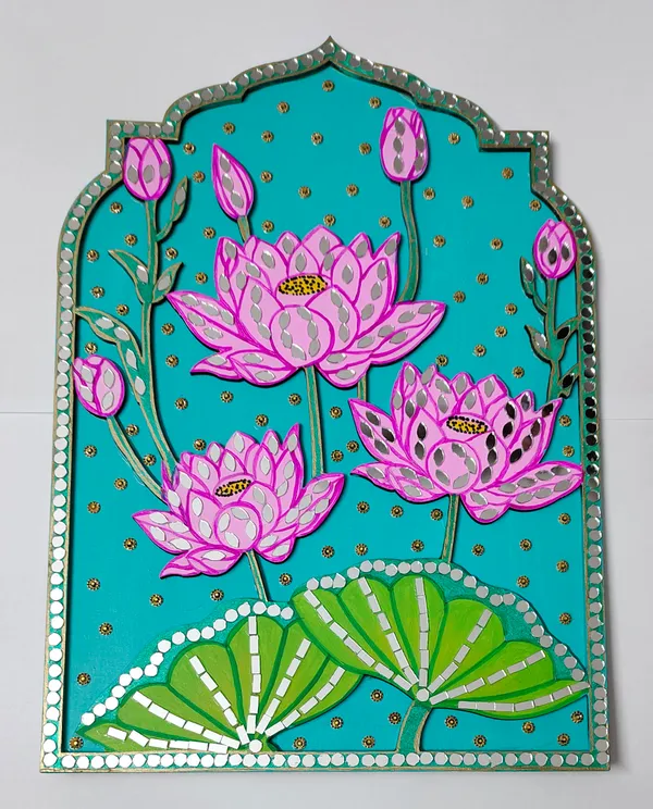 Handcrafted_Decorative_Lotus_Flower_Wall_Art_Panel_With_Turquoise_Background_&_Mirror_Work