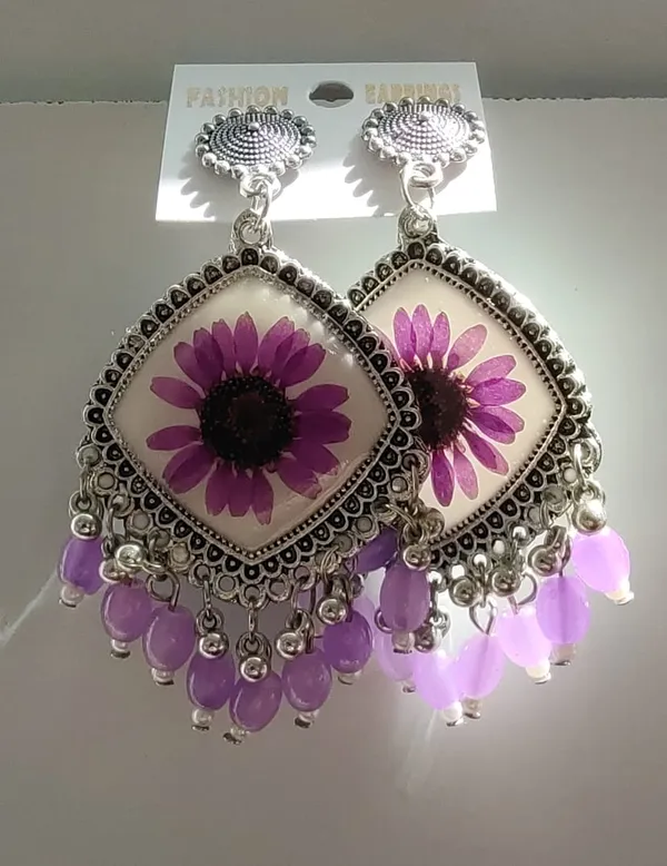 Handcrafted_Real_Pressed_Purple_Flower_Statement_Resin_Earrings_With_Beaded_Tassels