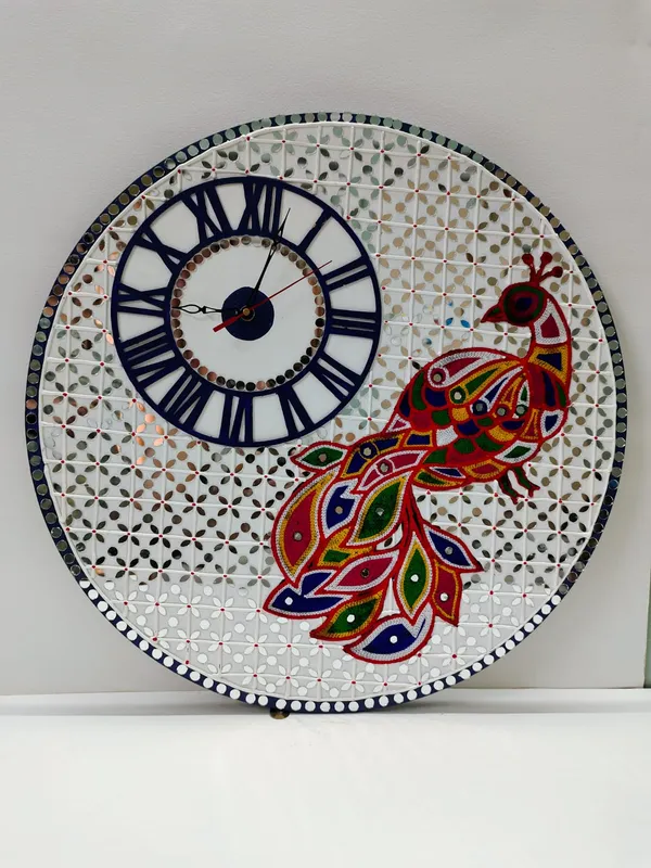 Handcrafted_Decorative_Lippan_Art_Peacock_Wall_Clock_-_White