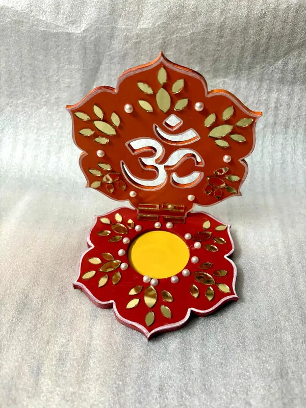 Decorative_Handcrafted_Divine_Om_Tea_Light_Candle_Holder_-_Orange_And_Red_With_Golden_Accents