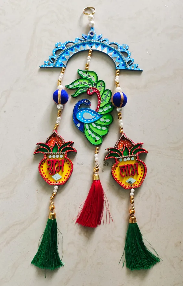 Handcrafted_Decorative_Peacock_Wall_Hanging_With_Shubh_Labh_Motif_And_Tassels