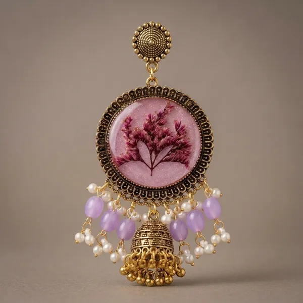 Floral_Jhumka_Earrings_With_Purple_Beads_And_Golden_Bells