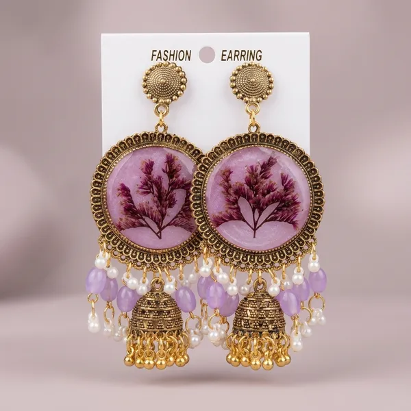 Floral_Jhumka_Earrings_With_Purple_Beads_And_Golden_Bells