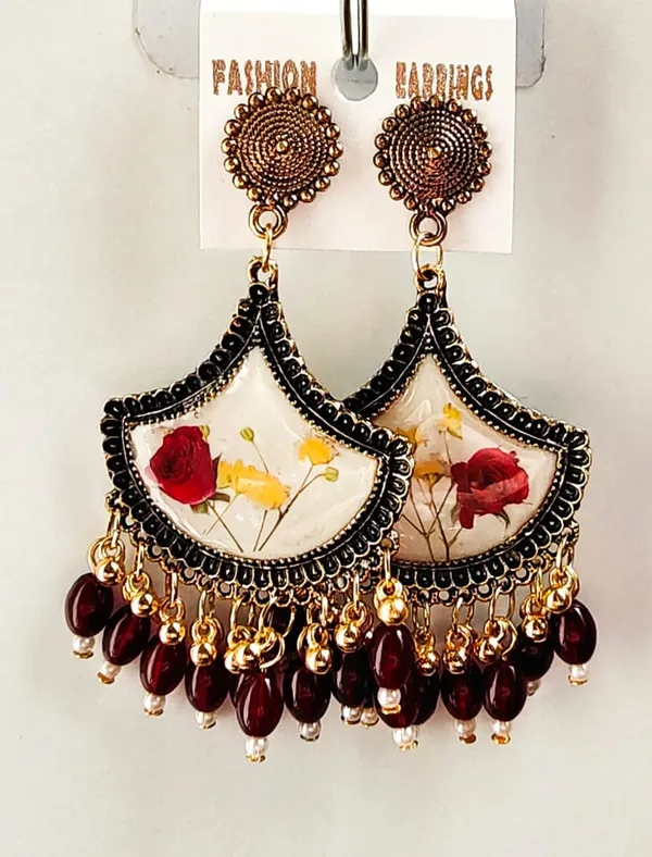 Handcrafted_Real_Pressed_Floral_Elegant_Resin_Chandbali_Earrings_With_Maroon_Beads