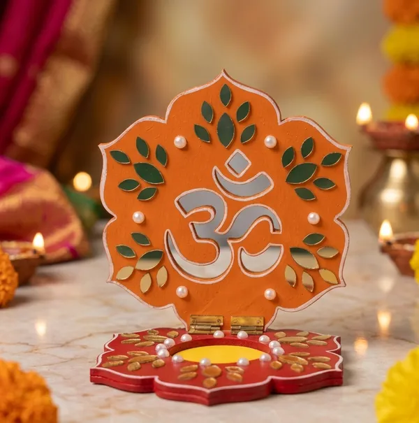Decorative_Handcrafted_Divine_Om_Tea_Light_Candle_Holder_-_Orange_And_Red_With_Golden_Accents
