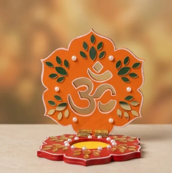 Decorative_Handcrafted_Divine_Om_Tea_Light_Candle_Holder_-_Orange_And_Red_With_Golden_Accents