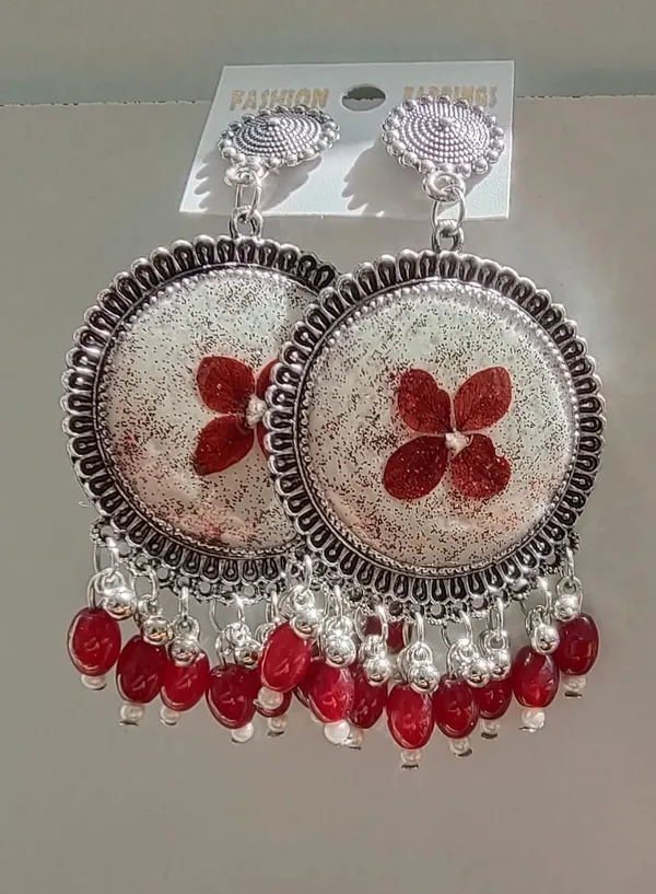 Handcrafted_Red_Floral_Resin_Earrings_With_Beaded_Danglers