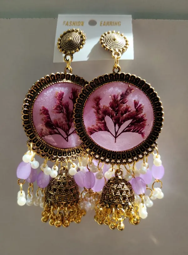 Floral_Jhumka_Earrings_With_Purple_Beads_And_Golden_Bells