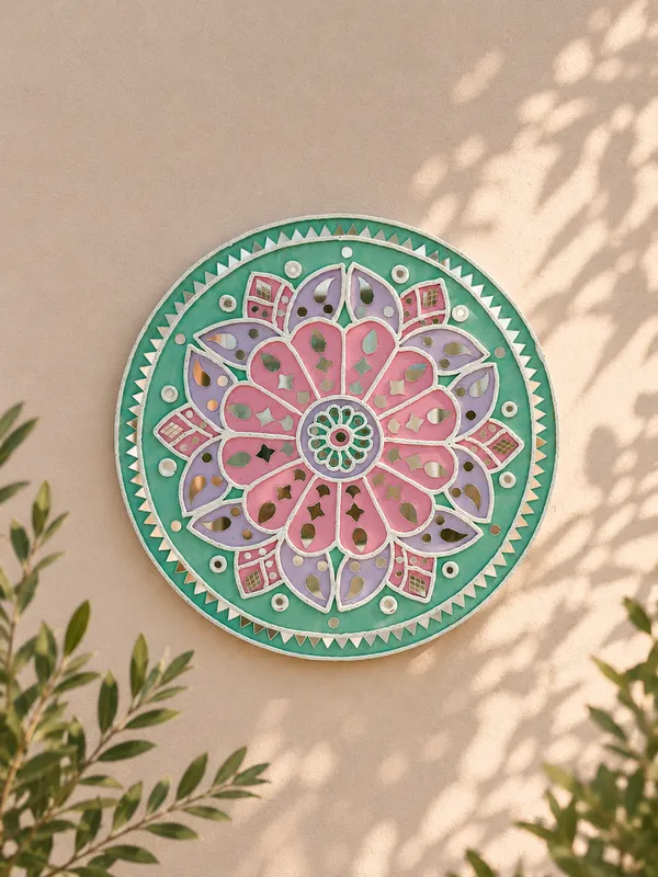 Handcrafted_Decorative_Lippan_Art_Round_Wall_Hanging_-_Pink_And_Green