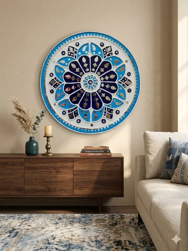Handcrafted_Decorative_Lippan_Art_Round_Wall_Hanging_-_White_And_Blue