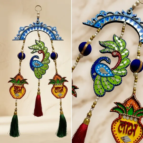 Handcrafted_Decorative_Peacock_Wall_Hanging_With_Shubh_Labh_Motif_And_Tassels
