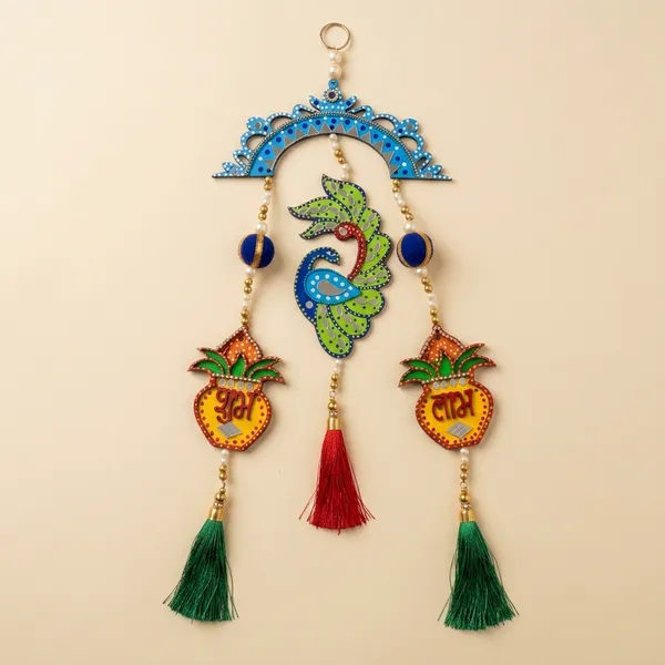 Handcrafted_Decorative_Peacock_Wall_Hanging_With_Shubh_Labh_Motif_And_Tassels