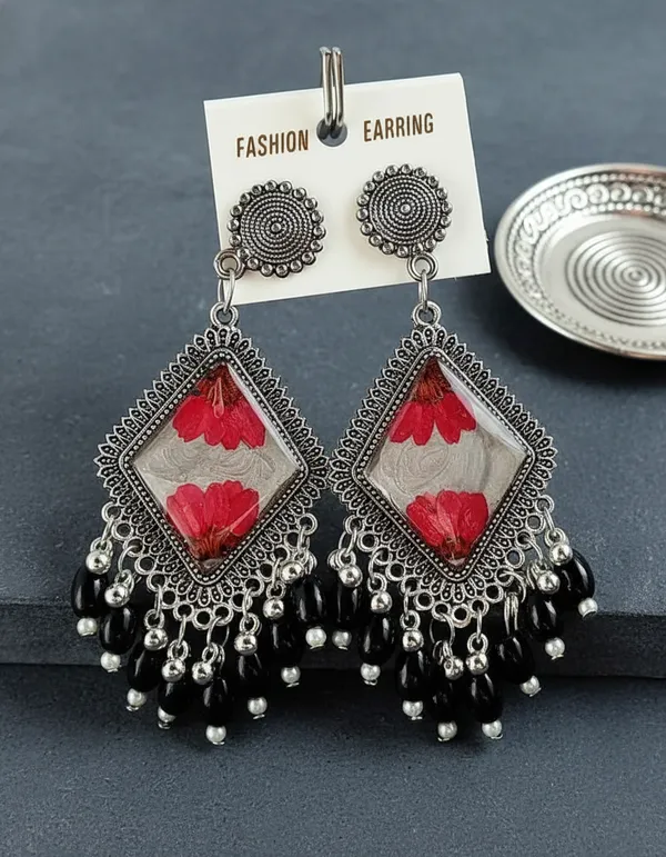 Handcrafted_Floral_Resin_Earrings_With_Black_Bead_Dangles_-_Oxidized_Silver_Finish