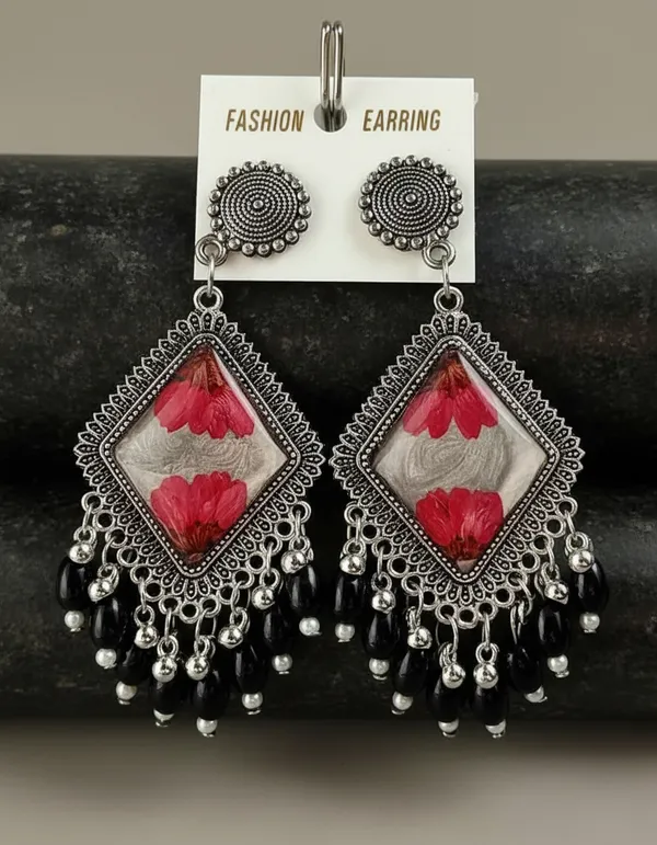 Handcrafted_Floral_Resin_Earrings_With_Black_Bead_Dangles_-_Oxidized_Silver_Finish