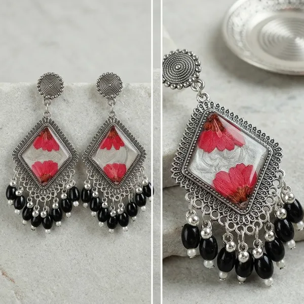 Handcrafted_Floral_Resin_Earrings_With_Black_Bead_Dangles_-_Oxidized_Silver_Finish