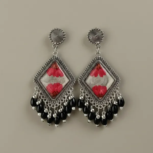 Handcrafted_Floral_Resin_Earrings_With_Black_Bead_Dangles_-_Oxidized_Silver_Finish