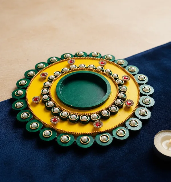 Handcrafted_Yellow_And_Green_Decorative_Tea_Light_Candle_Holder_With_Pearl_Embellishments