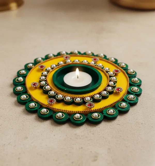 Handcrafted_Yellow_And_Green_Decorative_Tea_Light_Candle_Holder_With_Pearl_Embellishments