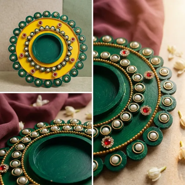 Handcrafted_Yellow_And_Green_Decorative_Tea_Light_Candle_Holder_With_Pearl_Embellishments