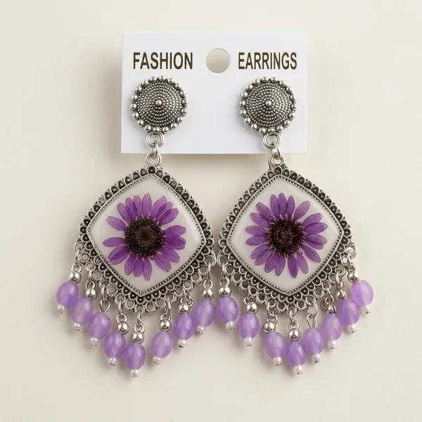 Handcrafted_Real_Pressed_Purple_Flower_Statement_Resin_Earrings_With_Beaded_Tassels