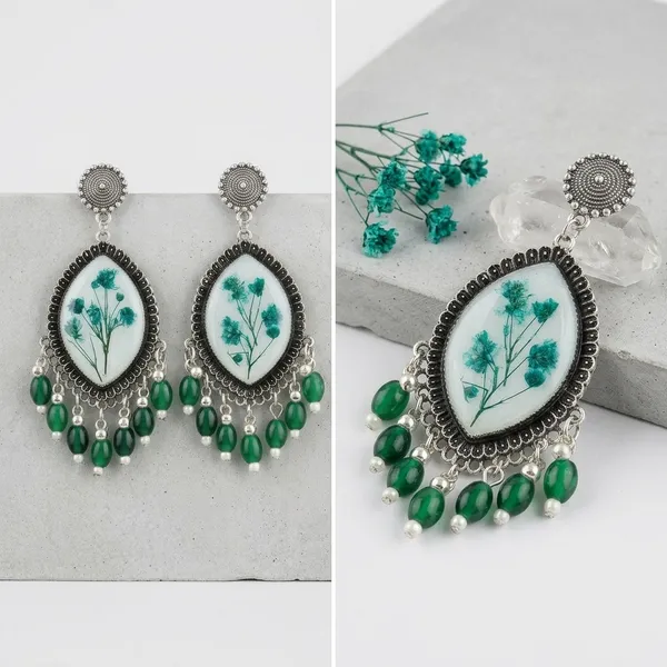 Handcrafted_Pressed_Real_Flower_Resin_Earrings_With_Green_Bead_Fringe