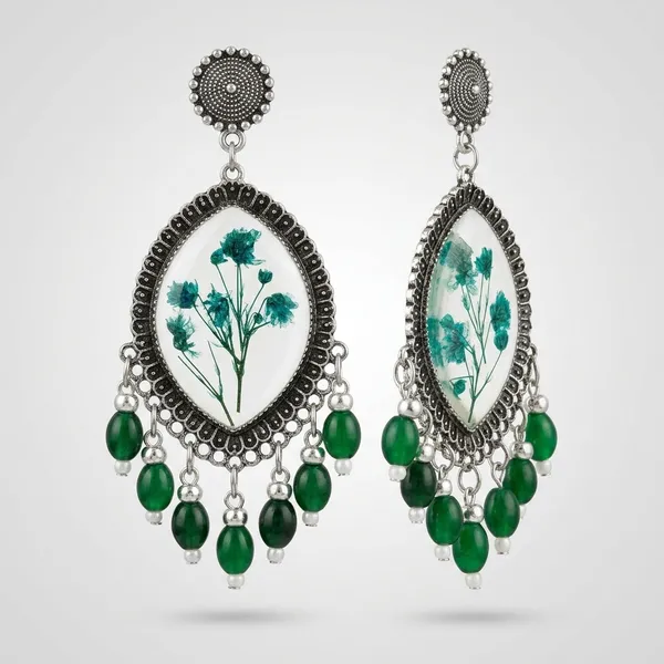 Handcrafted_Pressed_Real_Flower_Resin_Earrings_With_Green_Bead_Fringe