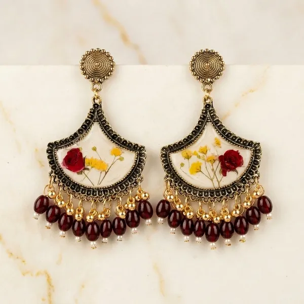 Handcrafted_Real_Pressed_Floral_Elegant_Resin_Chandbali_Earrings_With_Maroon_Beads