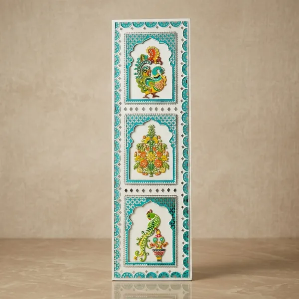 Traditional_Indian_Decorative_Wooden_Panel_With_Peacock_And_Floral_Motifs_-_Turquoise_/_Red_Border