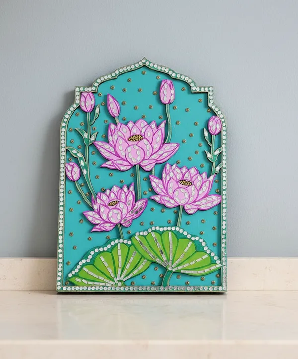 Handcrafted_Decorative_Lotus_Flower_Wall_Art_Panel_With_Turquoise_Background_&_Mirror_Work