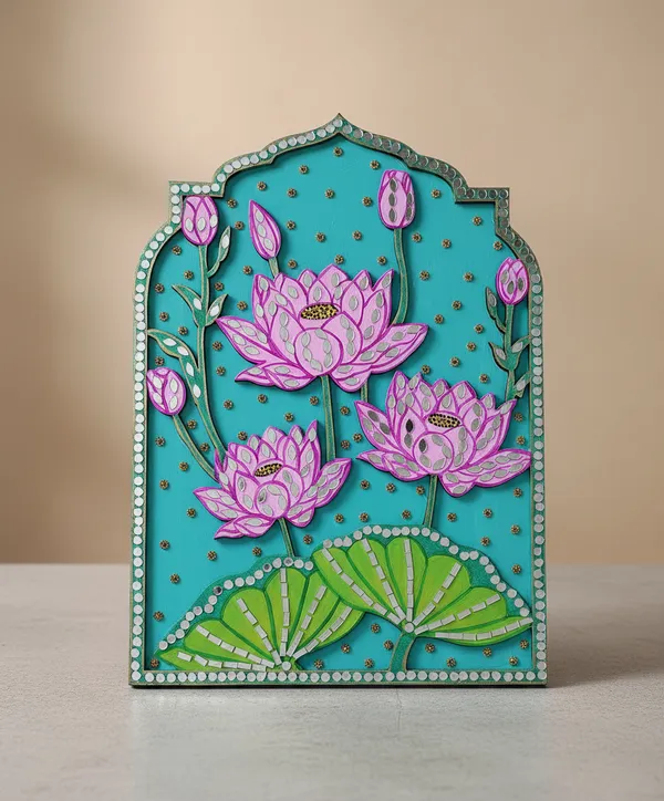 Handcrafted_Decorative_Lotus_Flower_Wall_Art_Panel_With_Turquoise_Background_&_Mirror_Work