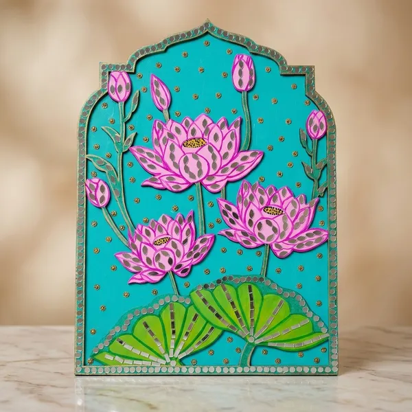 Handcrafted_Decorative_Lotus_Flower_Wall_Art_Panel_With_Turquoise_Background_&_Mirror_Work