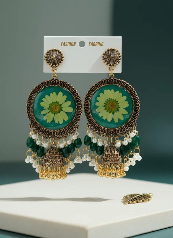 Fashion_Statement_Resin_Jhumka_Earrings_With_Real_Pressed_Flower_And_Pearl_Danglers_-_Green_And_Gold