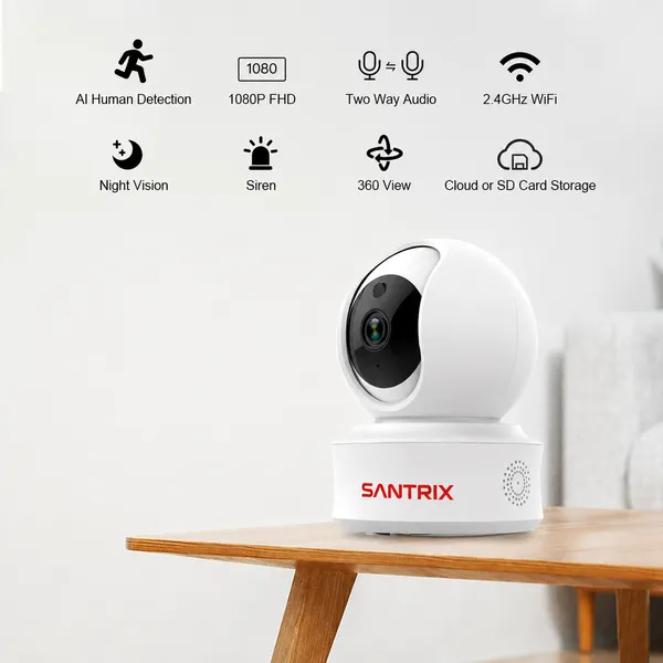 SANTRIX_1080P_Indoor_Security_Camera_for_Baby_Monitor,_Dog_Camera_w/Motion_Detection,_2-Way_Audio_Siren,_Night_Vision,_Cloud_&_SD_Card_Storage