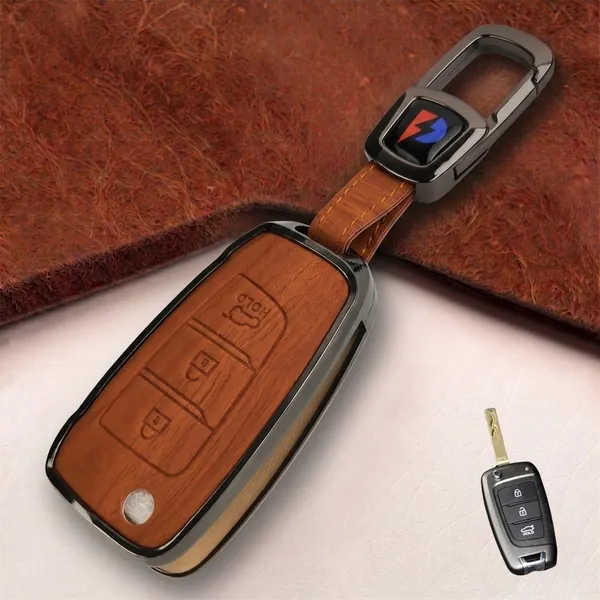Wooden_Leather_Finish_Metal_Car_Key_Cover_Compatible_with_Hyundai_Venue_3_Button_flip_Key