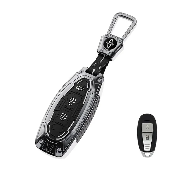Black_And_Silver_Zinc_Alloy_Premium_Chrome_Finish_Key_Cover_With_Key_Chain_For_Car