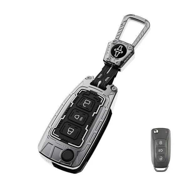 Black_And_Silver_Zinc_Alloy_Premium_Chrome_Finish_Key_Cover_With_Key_Chain_For_Car