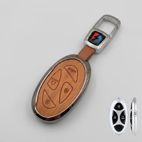 PVMAX_Wooden_Leather_Finish_Metal_Car_Key_Cover_Compatible_with_Hyundai_Venue_2/3_Button_Smart_Key