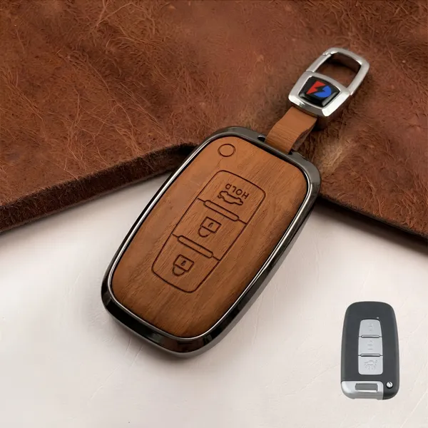 PVMAX_Wooden_Leather_Finish_Metal_Car_Key_Cover_Compatible_for_Hyundai_Tucson,_Accent,_Verna,_Solaris_3_button_smart_key