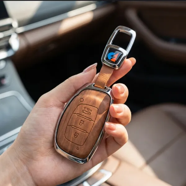 PVMAX_Wooden_Leather_Finish_Metal_Car_Key_Cover_Compatible_with_Hyundai_i20,_Creta,_Venue,_Tucson,_Alcazar,_Grand_i10,_Verna,_Xcent,_Aura,_and_Elantra_3-Button_Smart_Key