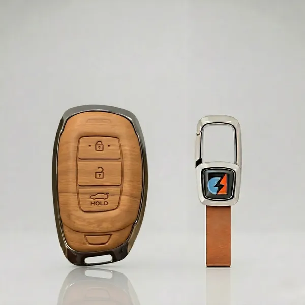PVMAX_Wooden_Leather_Finish_Metal_Car_Key_Cover_Compatible_with_Hyundai_i20,_Creta,_Venue,_Tucson,_Alcazar,_Grand_i10,_Verna,_Xcent,_Aura,_and_Elantra_3-Button_Smart_Key