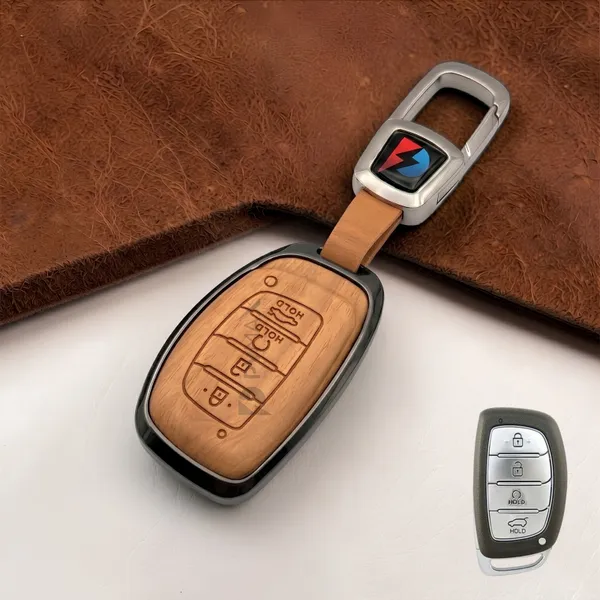 PVMAX_Wooden_Leather_Finish_Metal_Car_Key_Cover_Compatible_with_Hyundai_Alcazar_and_Creta_ev_Car_4_Button_Smart_Key
