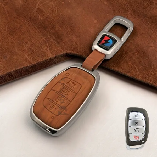 PVMAX_Wooden_Leather_Finish_Metal_Car_Key_Cover_Compatible_With_Hyundai_Creta,_I-20,_Venue,_Elantra,_And_Tucson_4_Button_Smart_Key